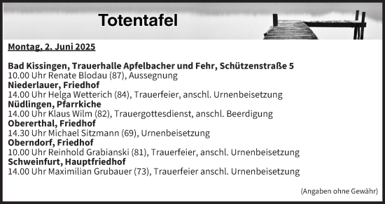 Anzeige von Totentafel vom 02.06.2025 von MGO