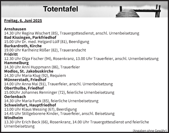 Anzeige von Totentafel vom 06.06.2025 von MGO