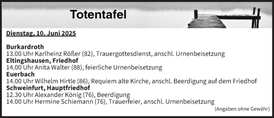 Anzeige von Totentafel vom 10.06.2025 von MGO