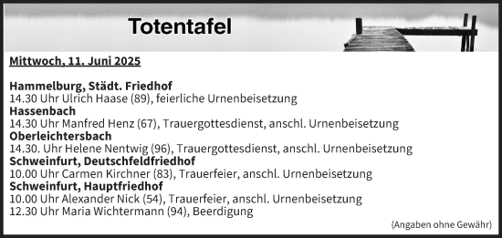 Anzeige von Totentafel vom 11.06.2025 von MGO