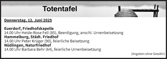 Anzeige von Totentafel vom 12.06.2025 von MGO