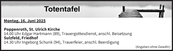 Anzeige von Totentafel vom 16.06.2025 von MGO