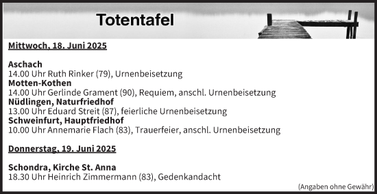 Anzeige von Totentafel vom 18.06.2025 von MGO