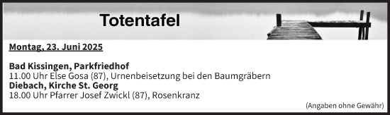 Anzeige von Totentafel vom 23.06.2025 von MGO