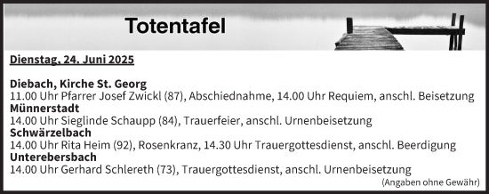 Anzeige von Totentafel vom 24.06.2025 von MGO