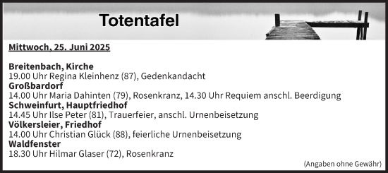 Anzeige von Totentafel vom 25.06.2025 von MGO