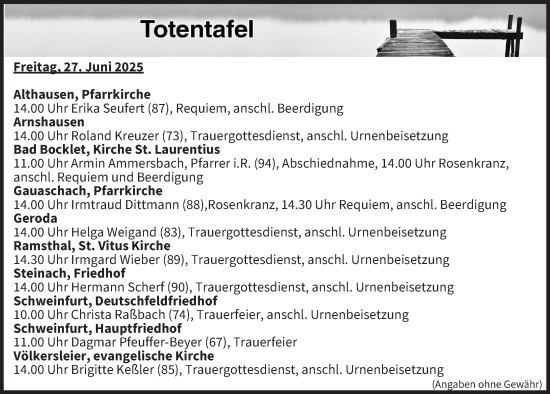 Anzeige von Totentafel vom 27.06.2025 von MGO