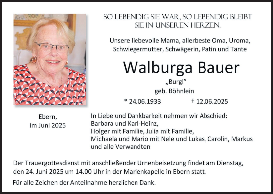 Anzeige von Walburga Bauer von MGO