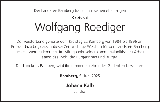 Anzeige von Wolfgang Roediger von MGO
