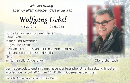 Anzeige von Wolfgang Uebel von MGO