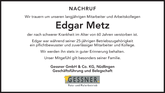 Anzeige von Edgar Metz von MGO