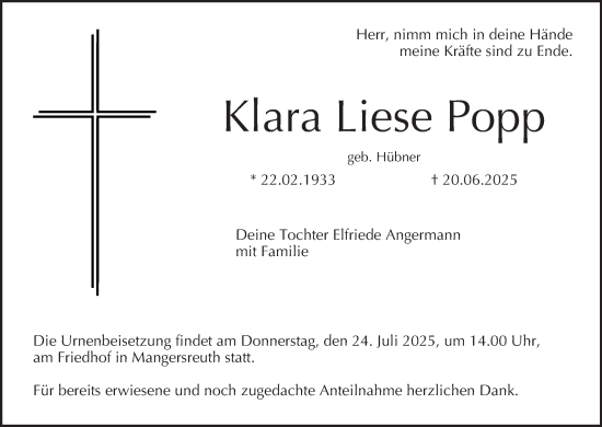 Anzeige von Klara Liese Popp von MGO