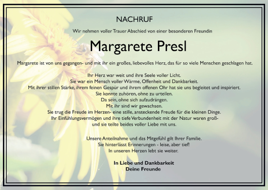 Anzeige von Margarete Presl von MGO
