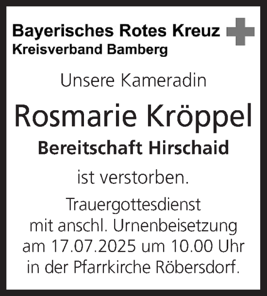 Anzeige von Rosmarie Kröppel von MGO