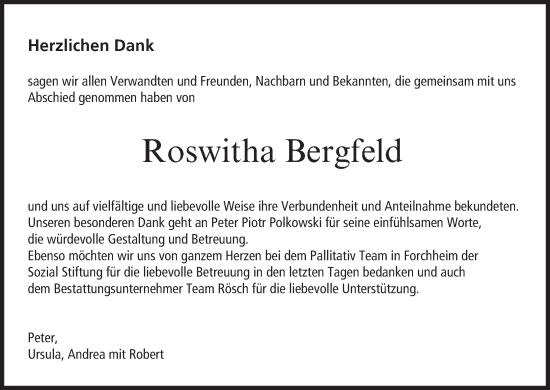 Anzeige von Roswitha Bergfeld von MGO