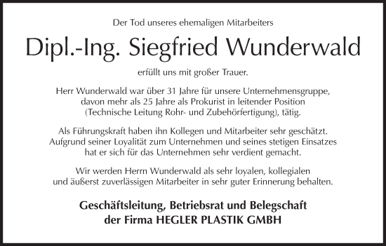 Anzeige von Siegfried Wunderwald von MGO