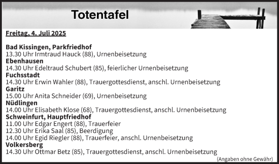 Anzeige von Totentafel vom 04.07.2025 von MGO