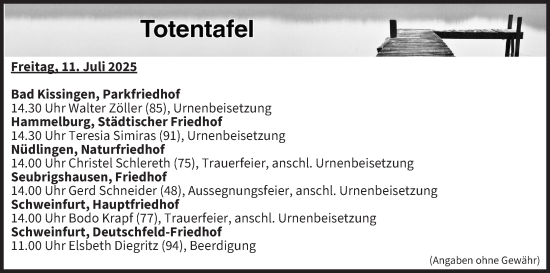 Anzeige von Totentafel vom 11.07.2025 von MGO
