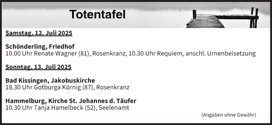 Anzeige von Totentafel vom 12.07.2025 von MGO