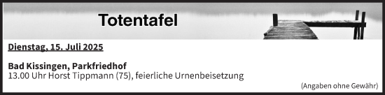 Anzeige von Totentafel vom 15.07.2025 von MGO