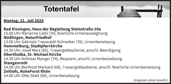 Anzeige von Totentafel vom 21.07.2025 von MGO