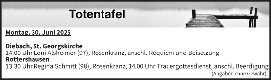 Anzeige von Totentafel vom 30.06.2025 von MGO