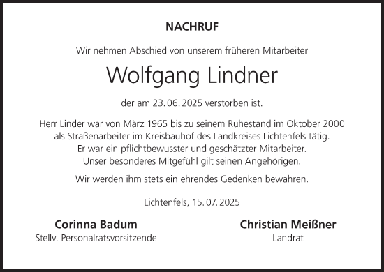 Anzeige von Wolfgang Lindner von MGO