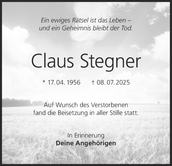Anzeige von Claus Stegner von MGO