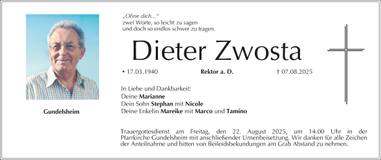 Anzeige von Dieter Zwosta von MGO