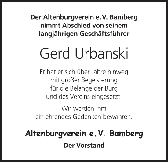 Anzeige von Gerd Urbanski von MGO