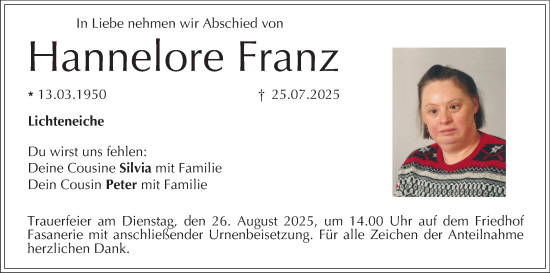Anzeige von Hannelore Franz von MGO