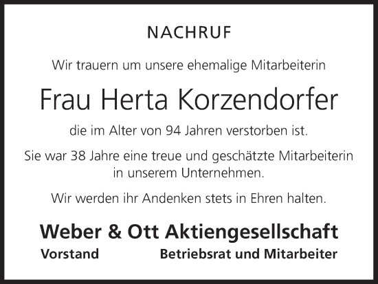 Anzeige von Herta Korzendorfer von MGO