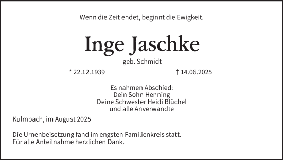 Anzeige von Inge Jaschke von MGO