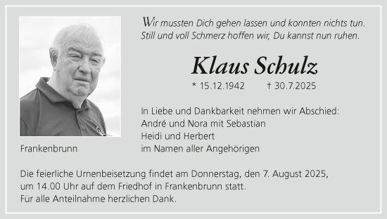 Anzeige von Klaus Schulz von MGO