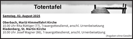 Anzeige von Totentafel vom 02.08.2025 von MGO