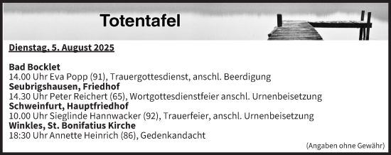 Anzeige von Totentafel vom 05.08.2025 von MGO
