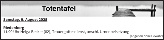 Anzeige von Totentafel vom 09.08.2025 von MGO