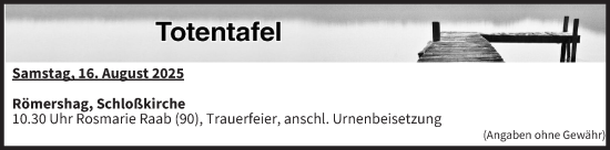Anzeige von Totentafel vom 16.08.2025 von MGO