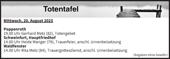 Anzeige von Totentafel vom 20.08.2025 von MGO