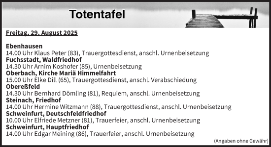 Anzeige von Totentafel vom 29.08.2025 von MGO