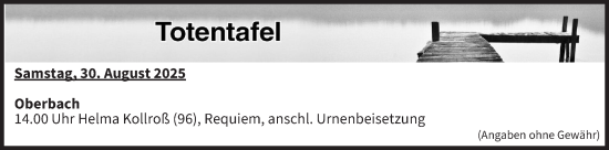 Anzeige von Totentafel vom 30.08.2025 von MGO