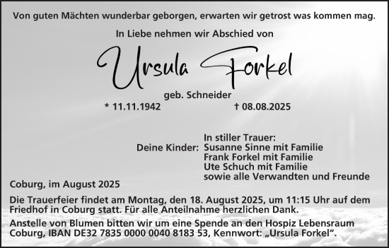 Anzeige von Ursula Forkel von MGO