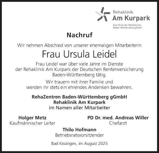 Anzeige von Ursula Leidel von MGO