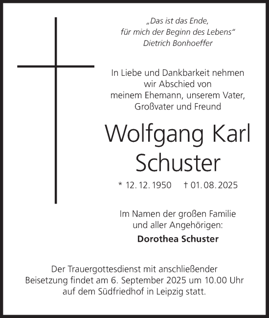 Anzeige von Wolfgang Karl Schuster von MGO