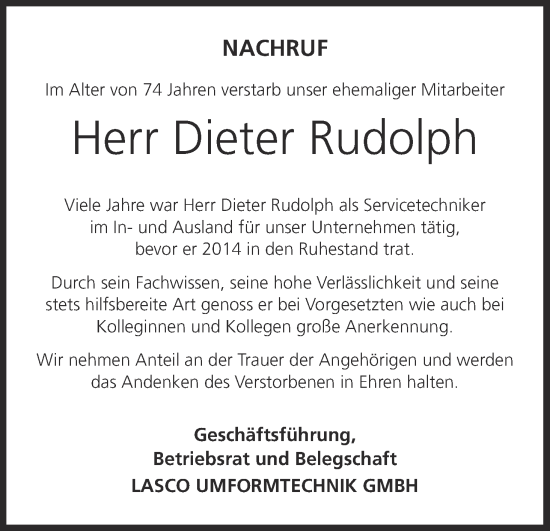 Anzeige von Dieter Rudolph von MGO
