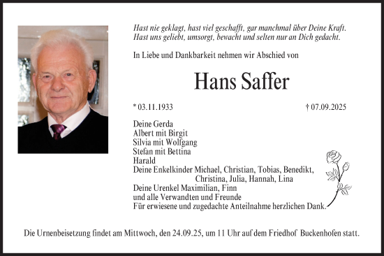 Anzeige von Hans Saffer von MGO