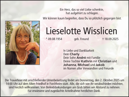 Anzeige von Lieselotte Wisslicen von MGO