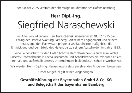 Anzeige von Siegfried Naraschewski von MGO