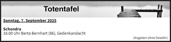 Anzeige von Totentafel vom 06.09.2025 von MGO