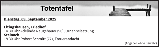 Anzeige von Totentafel vom 09.09.2025 von MGO